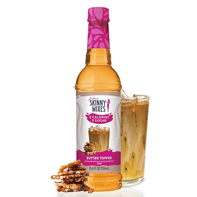 Jordan's Skinny Syrups Sugar Free Coffee Syrup, Butter Toffee Flavor Drink Mix, Zero Calorie Flavoring for Lattes, Protein Shake, Food & More, Gluten Free, Keto Friendly, 25.4 Fl Oz, 1 Pack
