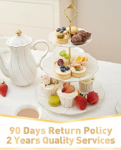 DUJUST Luxury Porcelain 3-Tier Cupcake Stand Tower, British Style Serving Tray with Golden Trim, Food Grade Dessert Display Stand, Beautiful Gift for Tea Party & Home Décor