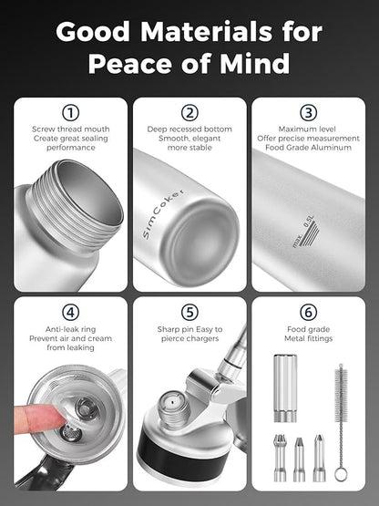 Whipped Cream Dispenser, Aluminum Cream Whipper 500mL/1 Pint,3 Stainless Decorating Nozzles,1 Brush,1Storage Bag,Homemade Cream Maker,N2O Chargers Not Included,Silver