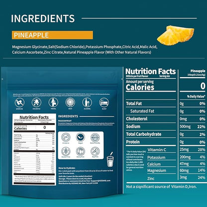 Electrolytes Powder Packets, Hydration Packets Sugar Free, Electrolyte Drink Mix Portable Electrolyte Packets for Rapid Hydration, Pineapple Flavor, 30 Sticks
