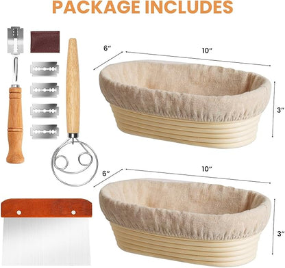 KIKCOIN Banneton Bread Proofing Basket, 10 Inch Oval Sourdough Bread Baking Supplies, Sourdough Proofing Basket Set of 2, Sourdough Starter Kit with Bread Lame, Linen Liner, Metal Scraper, Dough Whisk