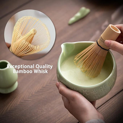 Matcha Whisk Set, Ceramic Matcha Set Includes Matcha Bowl, Matcha Whisk and Holder, Bamboo Scoop, Scoop Rest, Sifter and Tea Towel - 7 Pcs Matcha Kit for Matcha Lovers (Green)