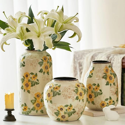 Round Pastoral Ceramic Vase, 6.3 Inch Chinoiserie Sunflower Yellow Floral Vases, Retro Ice Cracked Rustic Antique Flower Vases for Rustic Living Room Home Decor (Large Round)