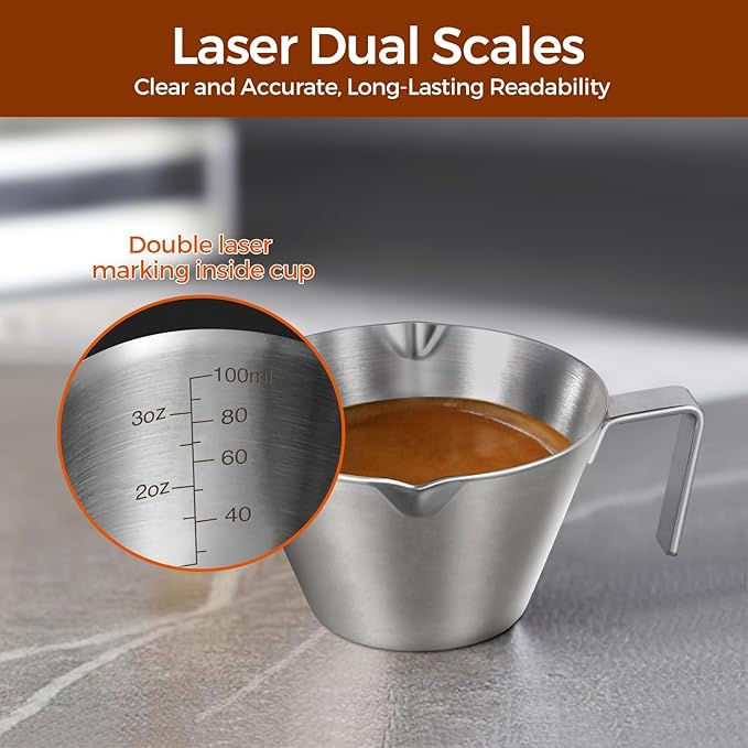 2 Pcs Espresso Cups with Handle, Stainless Steel Espresso Accessories, Double Spout Metal Measuring Cup with Dual Scale, Espresso Shot Cup with V-Shaped Mouth, 3.4OZ/100ML(Silver)
