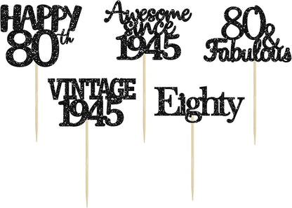 Gyufise 30 Pack Vintage 1945 Cupcake Toppers Glitter Cheers to 80 Fabulous Eighty Cupcake Picks 80th Birthday Wedding Anniversary Party Cake Decorations Supplies Black