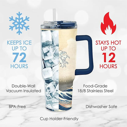 RainCaper 18/8 Stainless Steel Insulated Water Tumbler with Straw | 30oz, BPA-Free, Double Wall for Hot & Cold | Travel-Friendly, Cup Holder Ready (Hokusai The Great Wave)