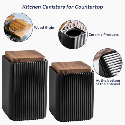 Ceramic Storage Jars Modern Elegant Polished Airtight Gorgeous Storage Canisters with Wooden Lid Small Food Stroage Jar for Kitchen Spice Tea Vanilla Sugar Coffee Beans (Black,Small size,13cm*10cm)