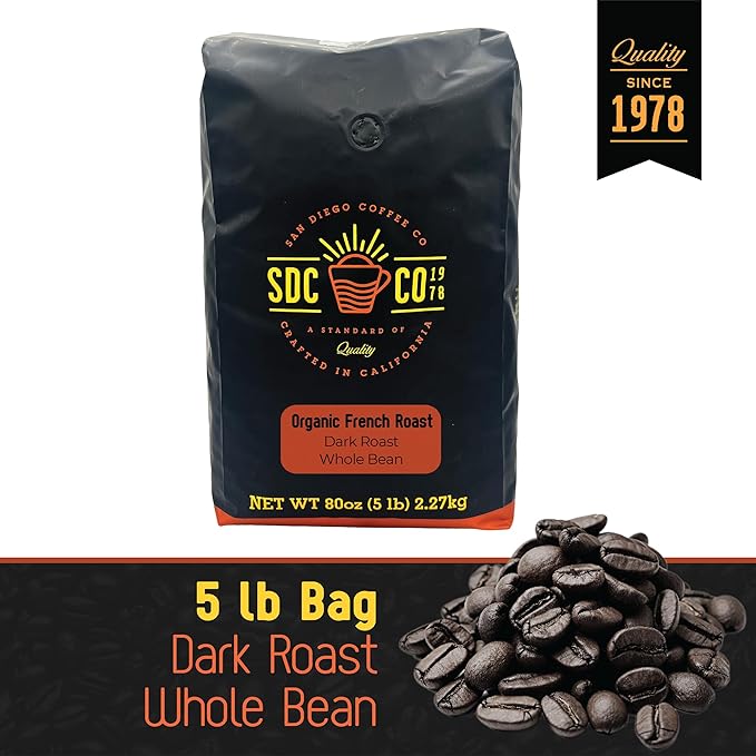 San Diego Coffee Organic French Roast, Dark Roast, Whole Bean Coffee, 5-Pound Bag Café en grano tostado