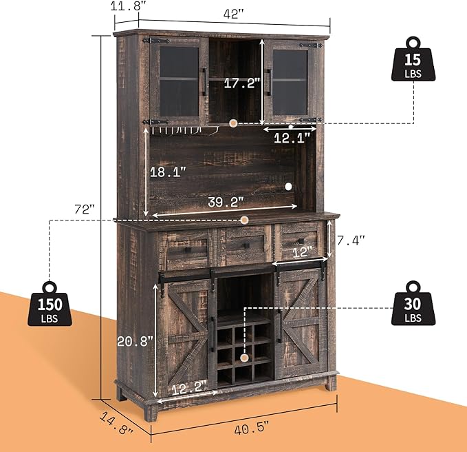 AMERLIFE 72'' Coffee Bar Wine Cabinet with Sliding Barn Door, Farmhouse Kitchen Sideboard, Buffet Storage Table, Wine Glass Racks, 3 Drawers, LED Lights, Tall Hutch Home Bar Dark Rustic Oak