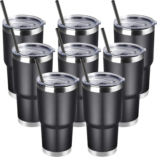 DOMICARE 30 oz Tumbler with Lid and Straw, Stainless Steel Tumblers Bulk, Insulated Vacuum Double Wall Travel Coffee Mug, Durable Powder Coated Tumbler Cups (Black, 8)