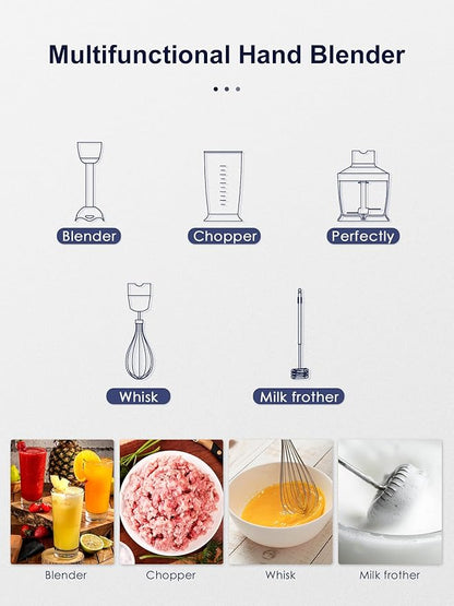 5-in-1 Hand Immersion Blender, 1000W Handheld, Copper Motor Stainless Steel Blade Stick, Mixing Beaker, Food Processor, Whisk, Milk Frother for Smoothies Puree Baby Food (Black)