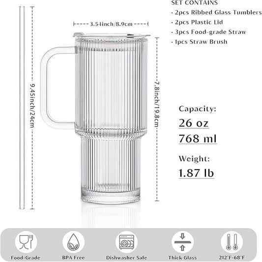 INSETLAN 26oz Ribbed Glass Tumbler with Handle & Lid – 2-Pack Large Iced Coffee Cups with Straws, Modern Glass Mug for Cold & Hot Beverages, Aesthetic Travel Cup for Smoothies, Tea, and Juice