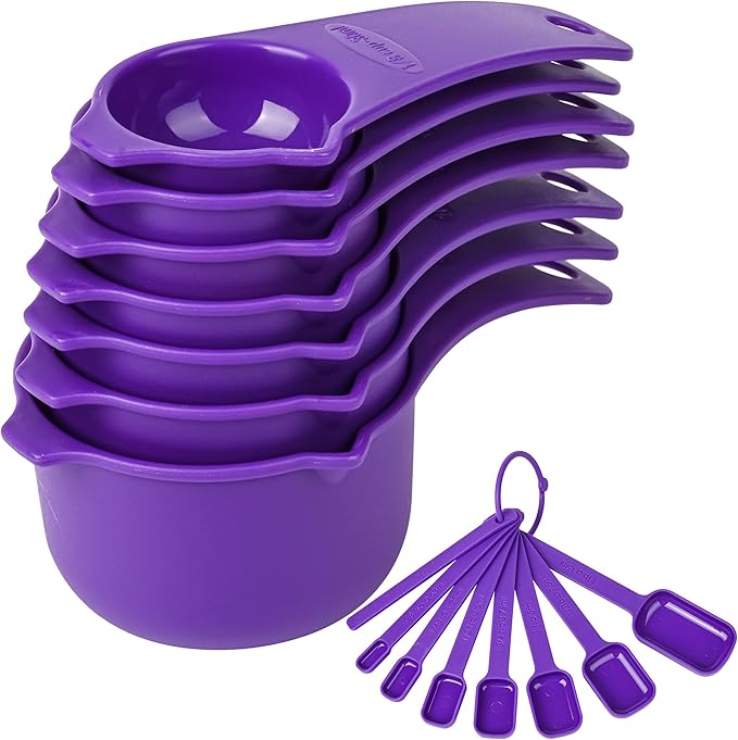 Plastic Measuring Cups and Spoons Set 15, 7 Dry&Liquid Measuring Cup Spoon Set, 7 Spice Long Handle Measuring Spoons with 1 Leveler for Kitchen and Baking, Metric Measure Cups & Spoons Purple