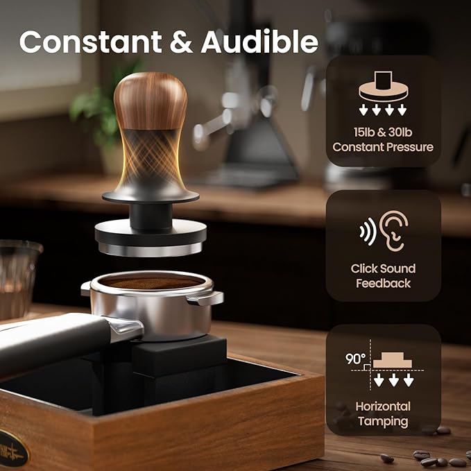 MHW-3BOMBER Espresso Tamper 58.5mm - 3 Spring Loaded Tamper - Barista Coffee Tamper with 15lb / 30lb Replacement Springs - Walnut Handle Calibrated Tamper -Arch Base T6521C-OS