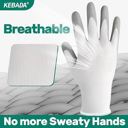 Kebada W1 Work Gloves for Men and Women, 12 Pairs Touchscreen Safety Gloves with Grip, PU-Coated, Ideal for Light & Medium Duty Tasks, White, X-Large