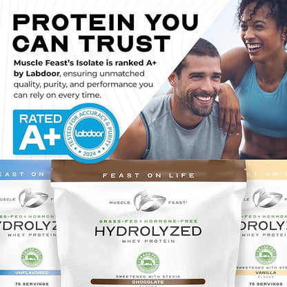 Muscle Feast Hydrolyzed Whey Protein Powder, Grass Fed and All Natural Hormone-Free, Hydro Whey Powder for Men and Women, Gluten Free, Non-GMO, Delicious Hydrolyzed Protein Powder, Chocolate, 5lb