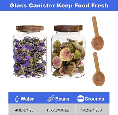 Vacuum Coffee Canister Glass Food Storage Jars With Airtight Lids Borosilicate Glass Coffee Canister Container for Coffee Beans & Grounds Tea Sugar Spices Kitchen (1200ml/40oz -2pack-with spoon)