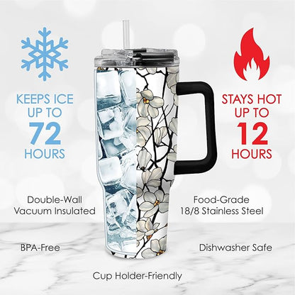 RainCaper 18/8 Stainless Steel Insulated Water Tumbler with Straw | 30oz, BPA-Free, Double Wall for Hot & Cold | Travel-Friendly, Cup Holder Ready (Tiffany Magnolia)