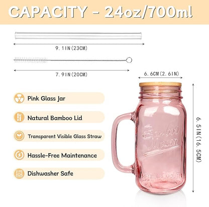 ANOITON Tumbler with Handle and Straw, 24 oz Pink Mason Jars with Handles Drinking Glasses Pink Glassware Colored Glass Cups with Lids and Straws Gifts for Women Birthday Gifts for Women