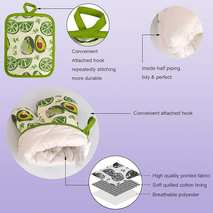 Oven Mitts and Potholders Dish Towles Set 100% Cotton for Perfect for Gifting, Baking and Everyday Cooking Durable Heat Resistant for Kitchen (5-Piece Lemon Avocado)