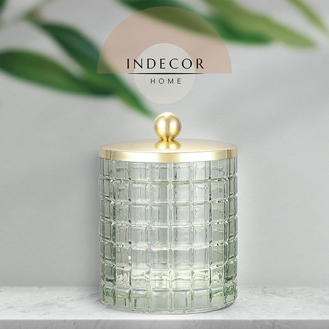 Glass Jar with Metal Lid for Bathroom Organization, Clear Apothecary Jar for Cotton Balls, Q Tips, and Small Accessories, Stylish Bathroom Storage Container Sage Green, Gold