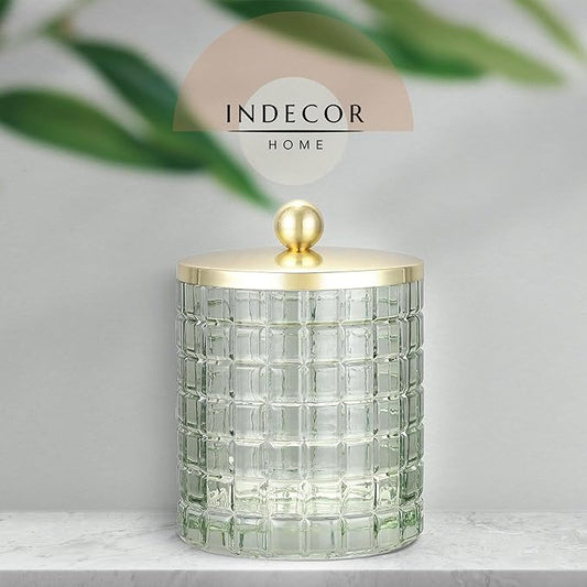 Glass Jar with Metal Lid for Bathroom Organization, Clear Apothecary Jar for Cotton Balls, Q Tips, and Small Accessories, Stylish Bathroom Storage Container Sage Green, Gold