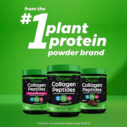 Orgain Hydrolyzed Collagen Peptides Powder For Women & Men, Chocolate, 20g Grass Fed Collagen - Hair, Skin, Nail, & Joint Support Supplement, Paleo & Keto, Non-GMO, Type I and III, 1lb