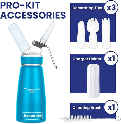 Pro Cream Dispenser, Durable High-Grip, Metal Lid with Rubber, 3 Nozzles, for Hot/Cold Use, Cleaning Brush Included, Blue - 250ml /1 Pint