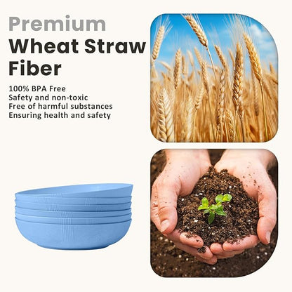 Homienly Wheat Straw Big Bowls Salad Bowls Set of 6 10 inch Serving Bowls 65 oz Large Bowls Plastic Plates Bowls Wide and Shallow Bowls for Kitchen Microwave & Dishwasher Safe-Sky Blue