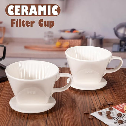 Pour Over Coffee Dripper, Ceramic Pour Over Coffee Maker with 3 Holes Flat Bottom, Easy Manual Brew Maker, Porcelain Slow Filter Cone for Travel, Camping, Office, Home, WH