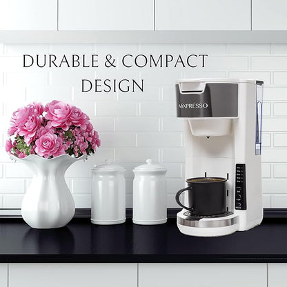 Mixpresso White Single Serve Coffee Brewer K-Cup Pods Compatible & Ground, 30 oz Compact Coffee Maker Single Serve With 5 Brew Sizes Up To 14 Oz, Fits Travel Mug, Adjustable Drip Tray