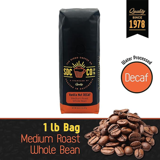 San Diego Coffee DECAF Vanilla Nut, Medium Roast, Whole Bean Coffee, 16-Ounce Bag Café en grano tostado descafeinado