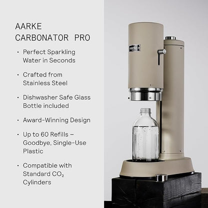 Aarke Carbonator Pro, Sparkling & Carbonation Water Machine, Stainless Steel with Glass Reusable Bottle Volume 800 mL/27 fl oz (Sand)
