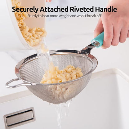 18/8 Stainless Steel Mesh Strainer: U-Taste 5.5 Inch Kitchen Fine Mesh Sieve Food Colander with Riveted Sturdy Silicone Handle and 30 Mesh Hole for Straining Flour, Pasta, Fruit, Quinoa(Aqua Sky)