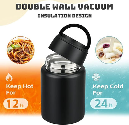 Soup Thermo for Hot Food Kids 16oz Insulated Food Jar Leakproof Thermo Lunch Container for Kids Wide-Mouth Stainless Steel Lunch Box for School with Handle Folding Spoon(3+)