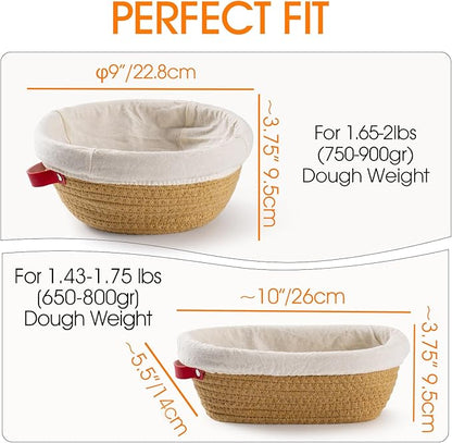 Cotton Rope Banneton Bread Proofing Basket Set - Includes handmade oval and round bread baskets with liners and covers. Ideal for sourdough bread baking supplies and starters