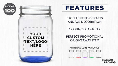 DISCOUNT PROMOS Custom Decorating Mason Jars 12 oz. Set of 100, Personalized Bulk Pack - Glass Jars for Overnight Oats, Candies, Fruits, Pickles, Spices, Beverages - Blue