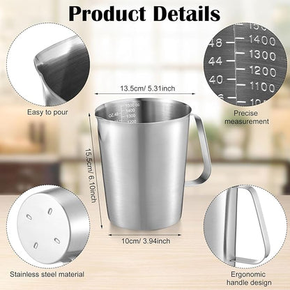 Flutesan 3 Pcs Stainless Steel Measuring Cups Measuring Pitcher with Handle with Markings for Latte Art, Water Pouring 6 Cup (50 oz)