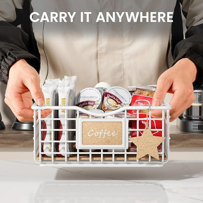 Coffee Pod Holder for Counter and Bar - Large Capacity White Wire Storage Organizer With Cork Liner - Bar Accessories