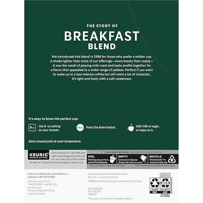 Starbucks K-Cup Coffee Pods, Medium Roast Coffee, Breakfast Blend for Keurig Coffee Makers, 100% Arabica, 1 box (22 pods)