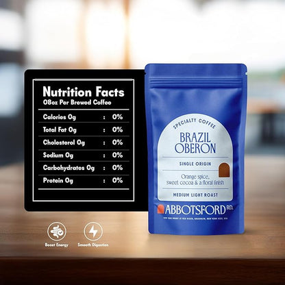 Brazil Oberon Ground Coffee, Medium Light Roast Ground Coffee with Orange Spice & Cocoa, 12 oz Brazilian Coffee Bag, Single Origin from Cerrado, Specialty Coffee for a Bright, Flavorful Brew