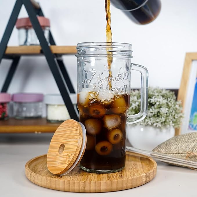 ANOTION Glass Cups with Lids and Straws - 24 oz Tumbler with Handle Halloween Coffee Cups Glass Straws Mason Jar Cups Drinking Set Kitchen Essentials Coffee Bar House Warming Gifts New Home