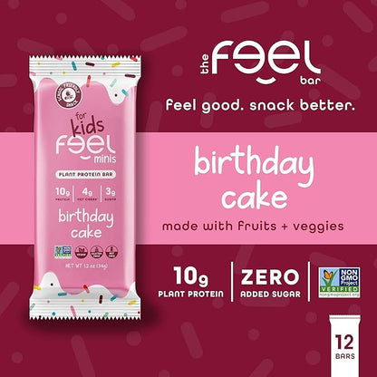 Feel Bar Minis – Kids Protein Bars | Birthday Cake | 10g Plant Protein | 100 Calories | No Added Sugar | + Daily Veggies | Gluten Free, No Nuts, No Soy, No Dairy, No Grains (12 Pack)