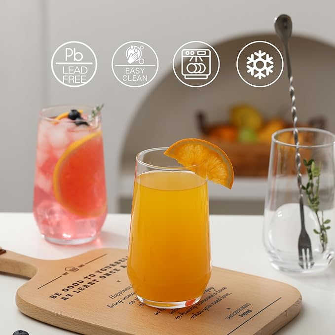 Drinking Glasses Set of 6, 16.4 oz Crystal Water Glasses,Tall Glass Cups,Highball Glass for Cocktail,Juice,Mojito,Iced Tea,Kitchen and Bar Glassware,Gifts
