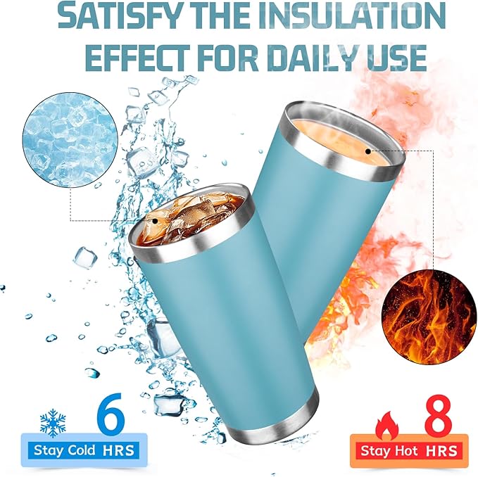 20oz Tumbler with Lid Double Wall Vacuum Insulated Travel Coffee Mug Stainless Steel Thermal Cup Powder Coated Sturdy Coffee Tumbler Bulk for Hot and Cold Beverage (Glacier blue,6)