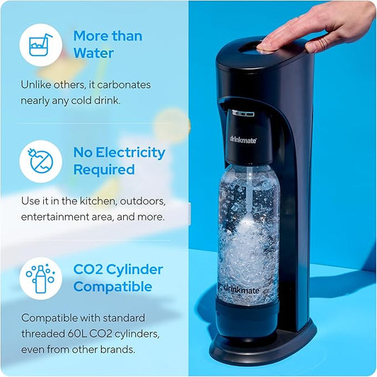 Drinkmate OmniFizz Sparkling Water and Soda Maker, Carbonates Any Drink, ULTIMATE BUNDLE - Includes three 60L CO2 Cylinders, Two Carbonation Bottles, and Fizz Infuser (Matte Black)