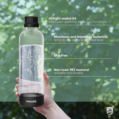 PHILIPS Carbonating Bottles ADD910BKOQ/37, 1L Twin Pack Reusable PET Water Bottles Compatible Sparkling Water Maker, 2 Pack for ADD4902BKOQ/37, ADD4902WHOQ/37 and ADD4901GROQ/37, ADD4901BKOQ/37