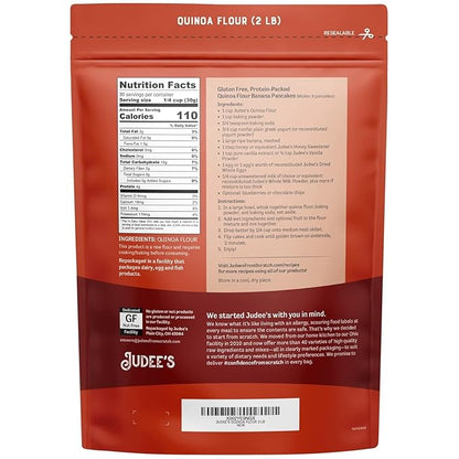 Judee's Quinoa Flour 2 lb - Made In USA, Non-GMO, Vegan - Great for Making Pancakes, Muffins, Pie Crusts, Quiches, and Breads - Made in a Dedicated Gluten-Free Facility