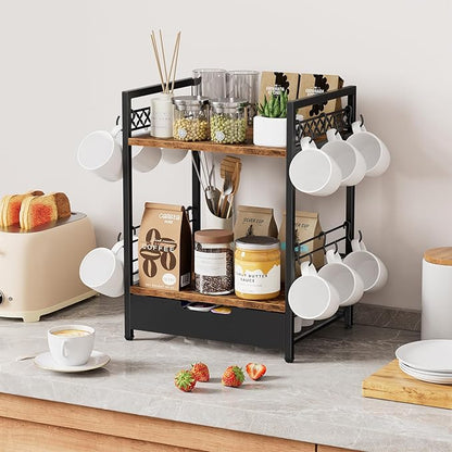 Coffee Bar Organizer Countertop, 2 Tier Mug Cup Holder Stand with 12 Hooks, 30 K Cup Coffee Pod Drawer with Mug Rack, Multifunctional Shelf Organizer for Accessories Station Kitchen (Brown)