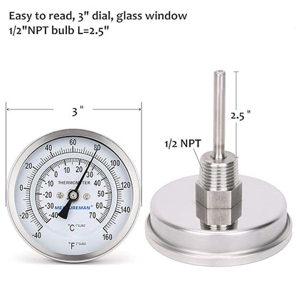 MEASUREMAN Fully Stainless Steel Pot, Kettle, Brewing Bimetal Dial Thermometer, 3" Dial, 2-1/2" Stem, -40-160 deg F/-40-70 deg C, -1% Accuracy, Adjustable, 1/2" NPT Back Mount